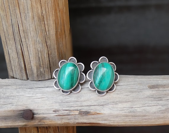 Native American Navajo Malachite Oval Silver Post Earrings