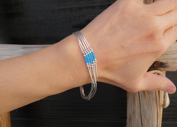 Delicate 5 Strand Turquoise Heishi Liquid Silver Bracelet, Multi Strand Bracelet For Women