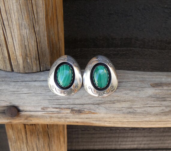 Vintage Navajo Silver Malachite Earrings, Native American Post Earrings Shadow Box Post Earrings Gift For Women