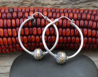 Southwestern 18K Gold Silver Hoop Earrings, Handmade Gift For Her