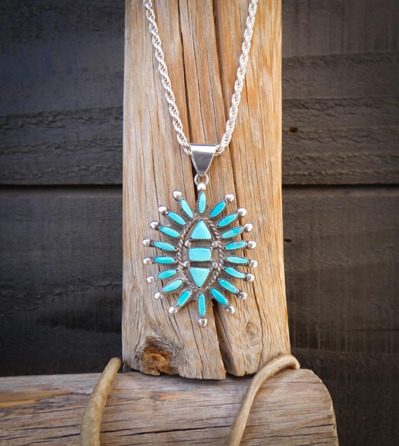 Zuni Turquoise Needlepoint Silver Pendant: Native American Vintage Pendant