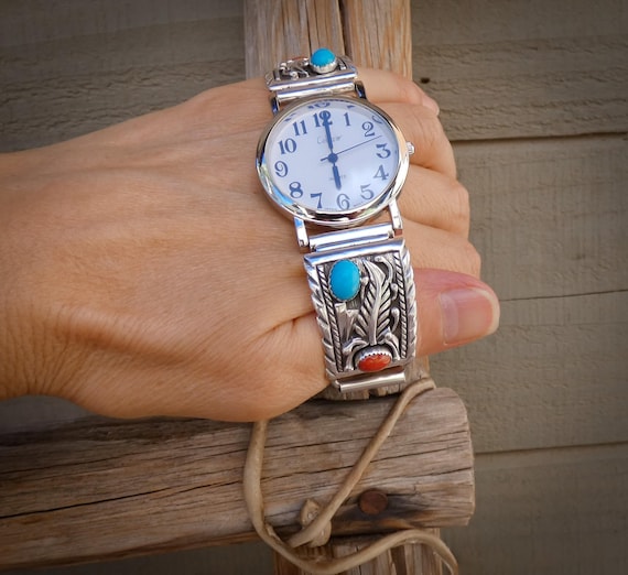 Unisex Navajo Sterling Silver Leaf Turquoise Coral Watch Adjustable Sizing