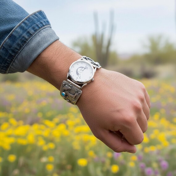 Turquoise Watch for Men: Navajo Sterling Silver Petroglyph Cave Art Watch Native American
