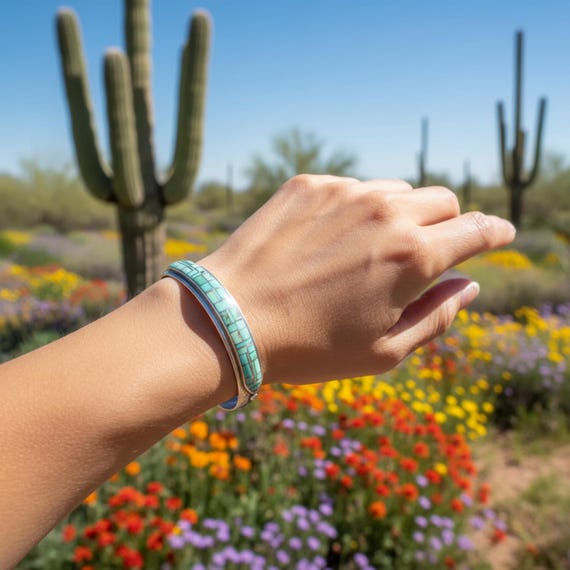 Native American Turquoise Bracelet: Vintage Zuni Sterling Silver Turquoise Inlay Cuff For Women