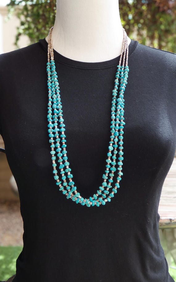 Native American Turquoise 3 Strand Turquoise Bead Necklace, Santo Domingo