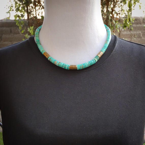 Santo Domingo Turquoise Bronze Beads Heishi Choker 17", Native American Handmade Jewelry Gift For Her