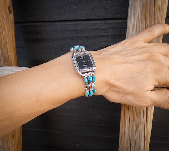 Native American Turquoise Watch Band: Delicate Zuni Sterling Silver Turquoise Petit Point Sunface Women's Watchband