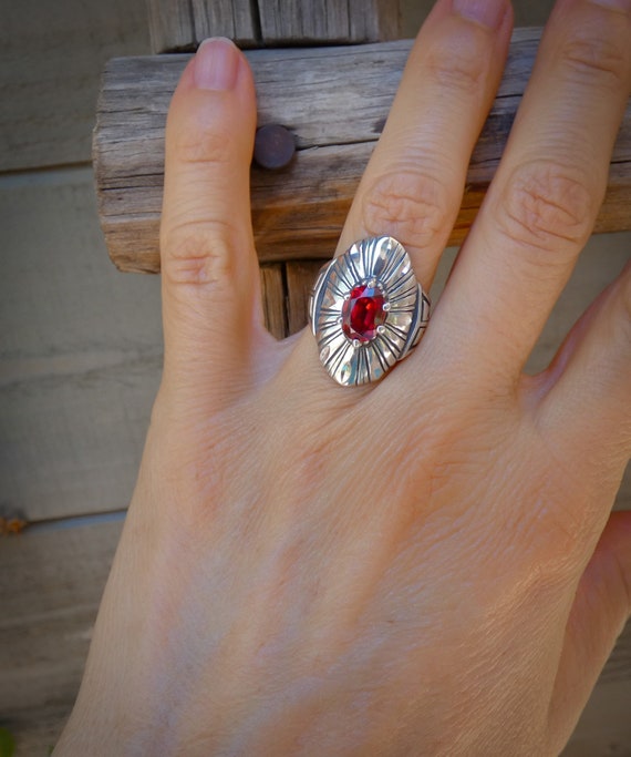 Handmade Gift For Her | Unique Sterling Silver Garnet Ring - Size 6.25 & 6.5 | January Birthstone | Diamond Cut Design
