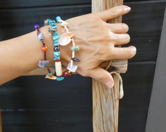 Santo Domingo Turquoise Multi Stone Nugget Treasure Bracelet, Boho Turquoise Bead Bracelet, Fetish Bracelet Gift For Women