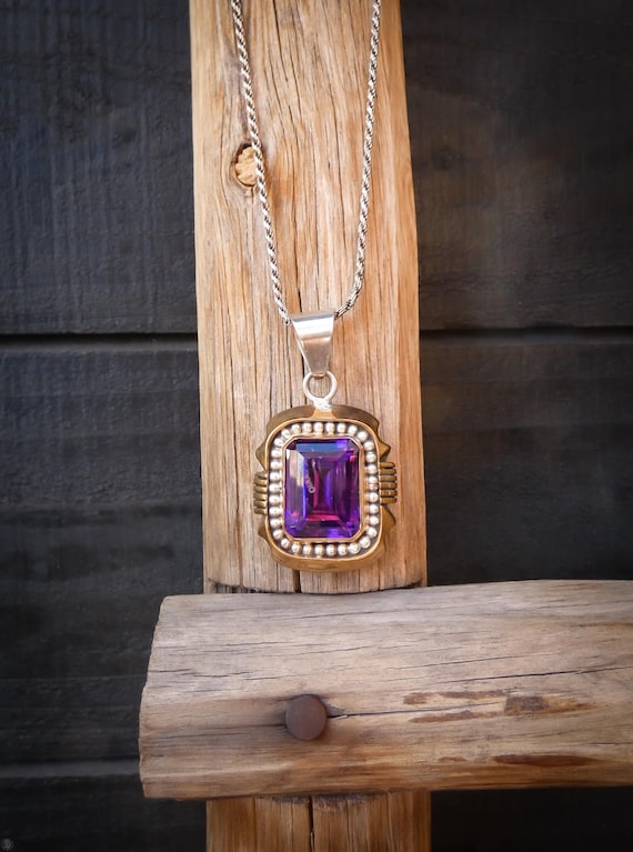Large Navajo Silver 12KGF Rectangular Amethyst Pendant by Lee Bennett