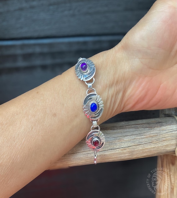 Native American Navajo Turquoise Garnet Rose Coral Multi Stone Sterling Silver Concho Link Bracelet, Gift For Her