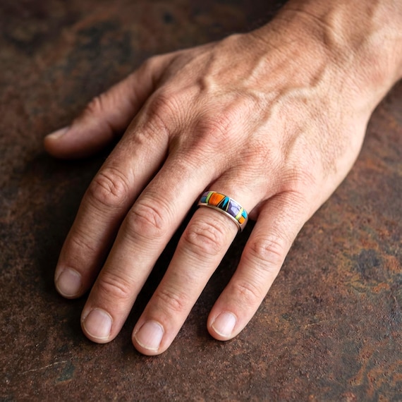 Navajo Turquoise Ring: Native American Men's Silver Spiny Oyster Multi Inlay Ring Multiple Sizes