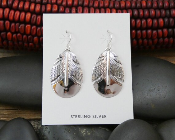 Native American Navajo Big Feather Dangle Earrings, 925 Sterling Silver
