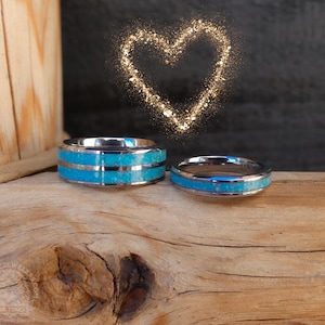 Turquoise Tungsten Wedding Ring, Crushed Turquoise Inlay, His & Hers Bands, Stacking Band Ring Sizes 7 and 10, Wedding Couple Ring