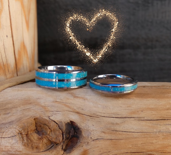 Turquoise Tungsten Wedding Ring, Crushed Turquoise Inlay, His & Hers Bands, Stacking Band Ring Sizes 7 and 10, Wedding Couple Ring