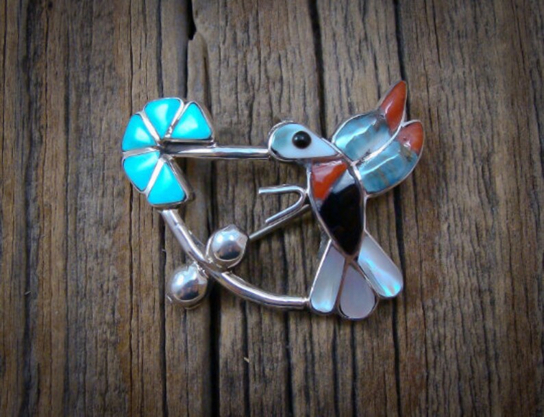 Zuni Sterling Silver Turquoise Multi Stone Hummingbird Brooch Pin Native American Indian Jewelry Hummingbird Pin