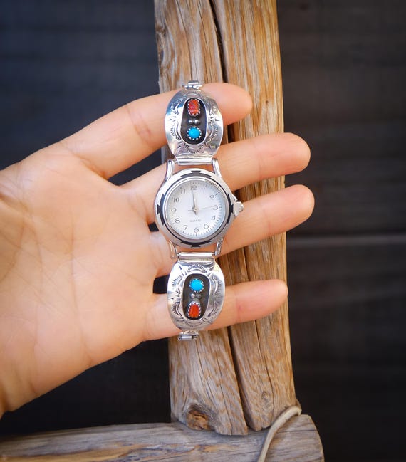 Vintage Navajo Sterling Silver Turquoise & Coral Shadowbox Watch Tips – Native American Handmade