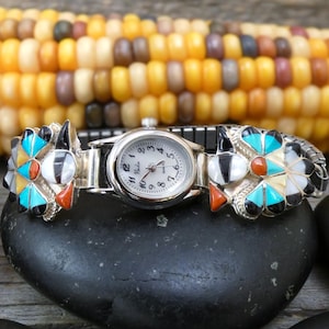 Zuni Sterling Silver Turquoise Coral Multi Inlay Thunderbird Watch For Women