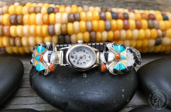 Zuni Sterling Silver Turquoise Coral Multi Inlay Thunderbird Watch For Women