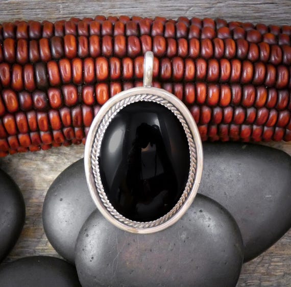Large Navajo Onyx Sterling Silver Pendant Native American Gift For Her