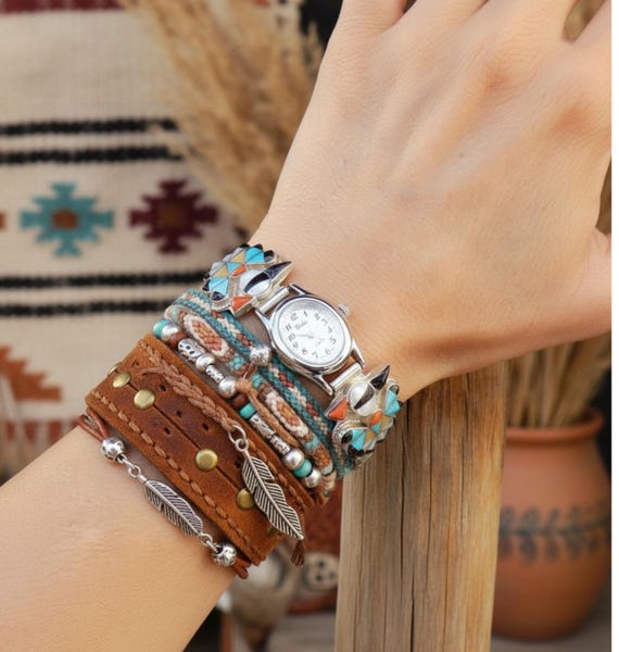 Zuni Sterling Silver Turquoise Coral Multi Inlay Thunderbird Watch For Women
