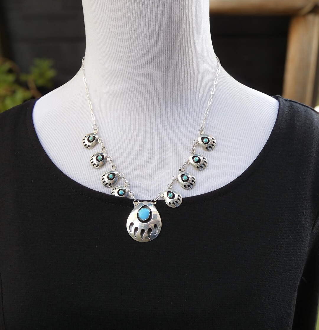Native American Navajo Sterling Silver Turquoise Shadowbox Bear Paw ...