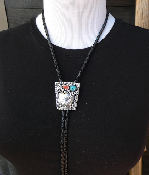 Native American Navajo Coral Turquoise Sterling Silver Bolo Tie Gift For Him