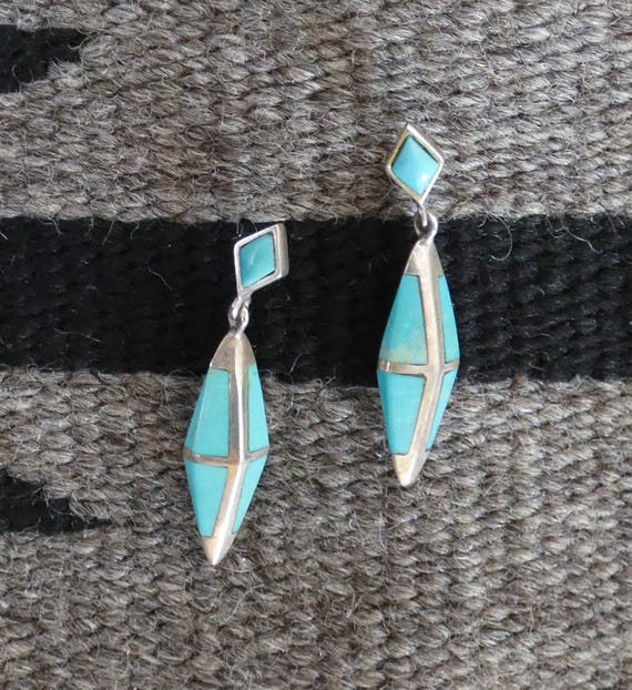 Contemporary 3 Dimensional Native American Sterling Silver Turquoise Inlay Dangle Earrings