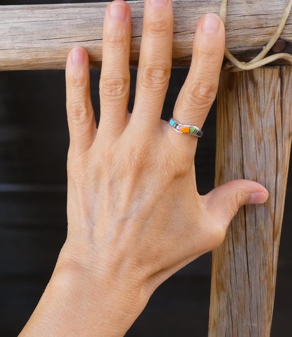 Native American Navajo Turquoise Multi Inlay Silver Wavy Band Ring For Women Sizes 6, 8, & 8.5 Anniversary Ring For Women