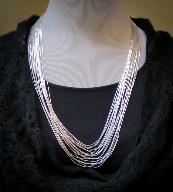 Graduated 20 Strand Liquid Silver Necklace Native American 25.5 Inch, Handmade Gift