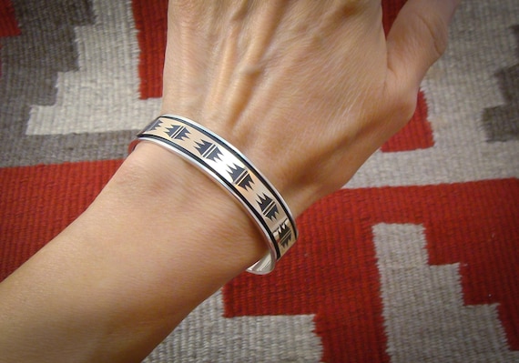 Vintage Gold Navajo 14k Sterling Silver Cuff Bracelet For Women, Native American Jewelry Gift For Her