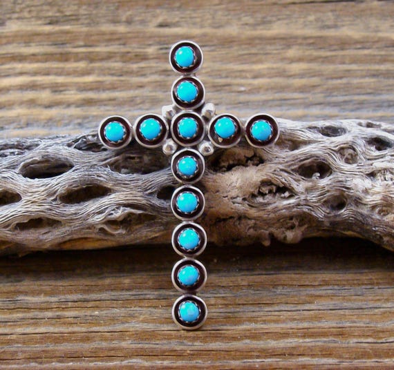Native American Zuni Silver Large Turquoise Cross Pin Pendant Brooch Gift For Her