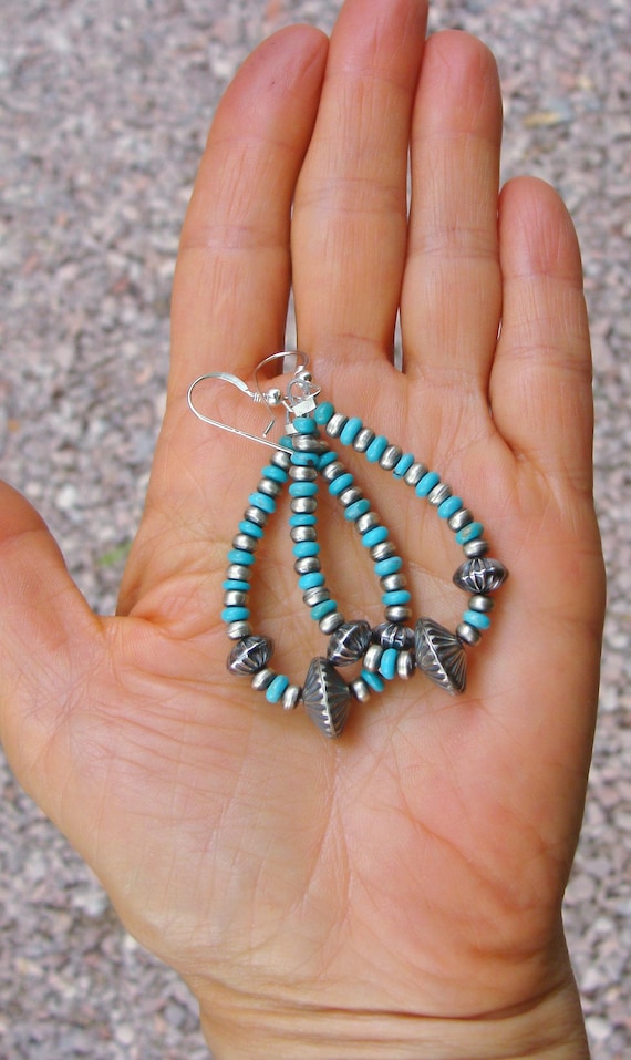 Navajo Turquoise Silver Bead Dangle Earrings