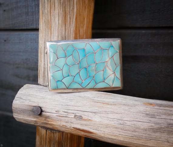Vintage Zuni Sterling Silver Kingman Turquoise Channel Inlay Belt Buckle