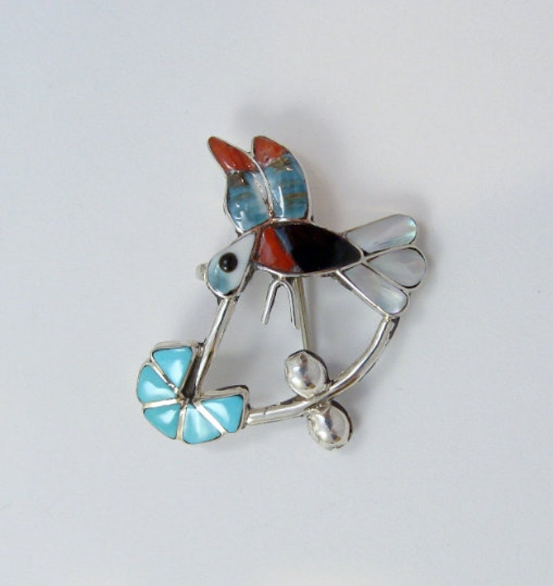 Zuni Sterling Silver Turquoise Multi Stone Hummingbird Brooch Pin Native American Indian Jewelry Hummingbird Pin