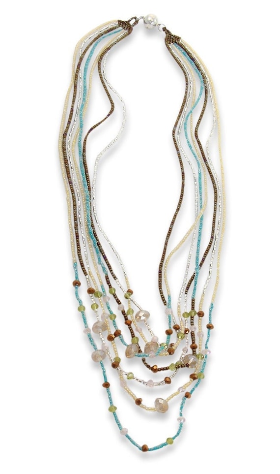 Turquoise Graduated 5 Strand Multi Color Seed Bead Necklace, Handmade Gift, Handmade Jewelry Gift For Her