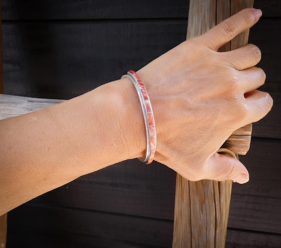 Zuni Spiny Oyster Cuff Bracelet, Native American Inlay Sterling Silver Row Bracelet By V. Dewa