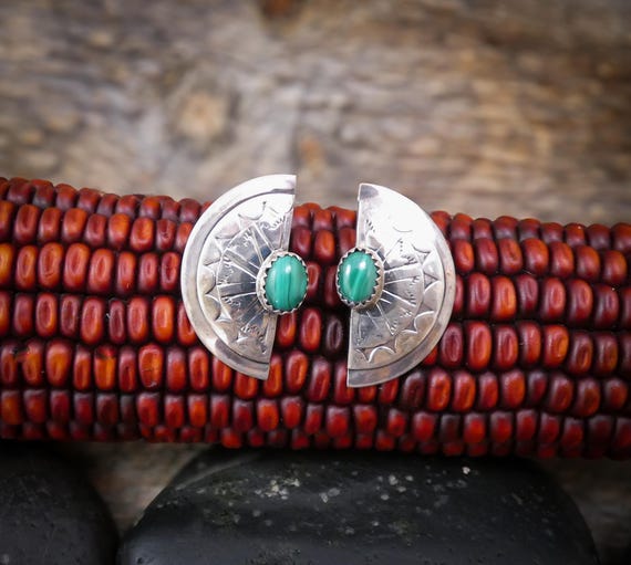 Native American Navajo Malachite Silver Crescent Half Circle Post Earrings