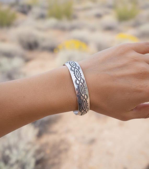 Sterling Silver Navajo Bracelet: Hand Stamped Native American Vintage Cuff
