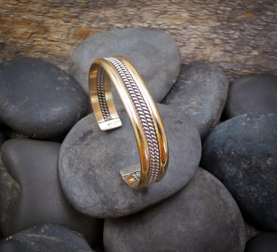 Native American Navajo Sterling Silver 12KGF Gold Cuff Rope Bracelet For Women By Tahe, Gift For Her