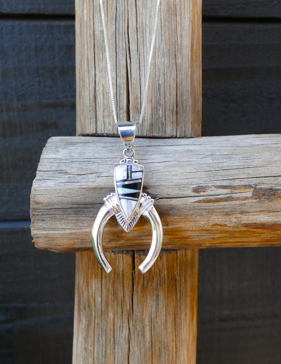Navajo White Buffalo Onyx Pendant Sterling Silver Multi Inlay Naja Pendant & Chain Gift For Her
