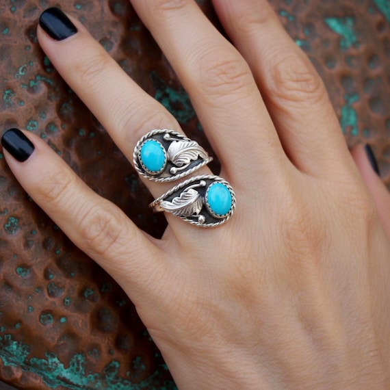 Navajo Turquoise Spoon Ring: Native American Sterling Silver Adjustable Ring
