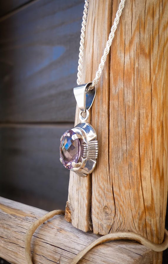 Navajo Oval Amethyst Silver Pendant & Silver 18 " Rope Chain By Lee Bennett