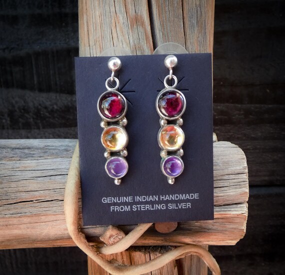 Native American Navajo Garnet Citrine Amethyst 925 Sterling Silver Dangle Earrings Gift, Gift For Her
