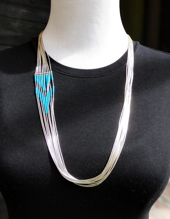 Native Liquid Silver 10 Strand Turquoise Heishi Bead Necklace