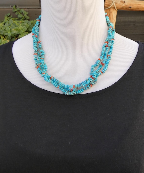 Navajo Turquoise Bead Necklace Native American 3 Strand Layered Coral Turquoise Beads Necklace For Women