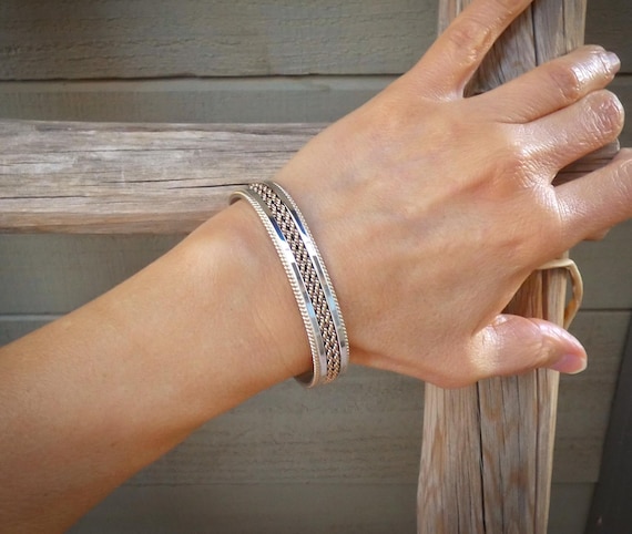 Native American 12KGF Gold Braided Sterling Silver Cuff Bracelet By Tahe, Handmade Gift