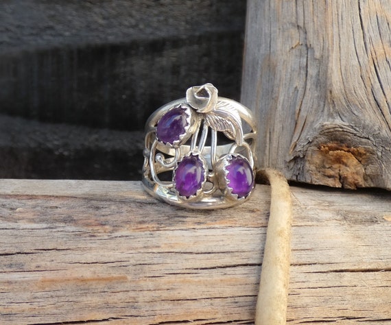 Authentic Native American Amethyst Cluster Ring, Navajo Sterling Silver Ring Size 6, Made in USA, Gift For Her