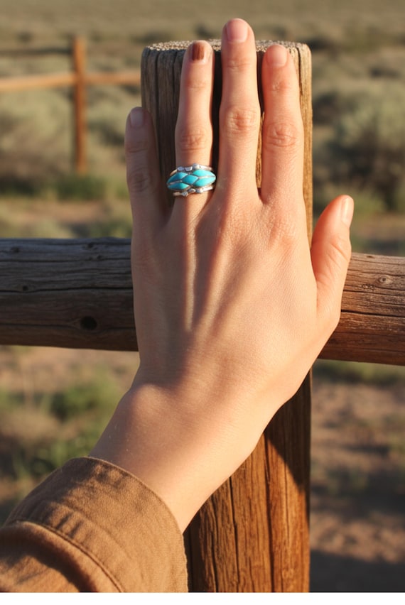 Zuni Turquoise Inlay Band Ring / Native American Sterling Silver Ring For Women