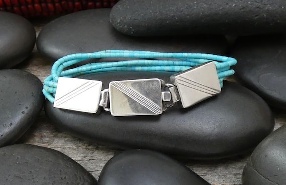 Native American Zuni 5 Strand Heishi Turquoise Bead Bracelet w/ Silver Clasp